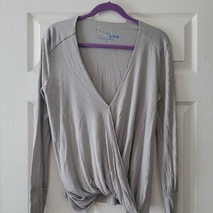 Blue Life Light Gray Faux Wrap Long Sleeve Top. DEEP V. XS